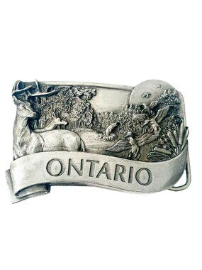 Vintage 3D Pewter Belt Buckle Ontario Provincial Series Wildlife Deer Ducks